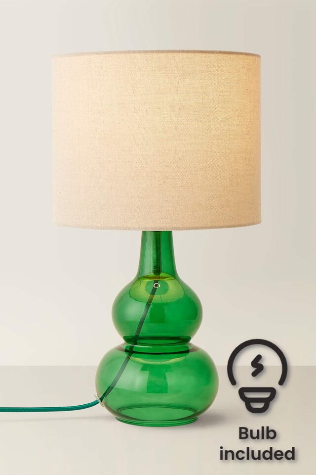 image 1 of ValueLights Aida Natural Shade Green Bubble Glass Table Lamp & Bulb | Green