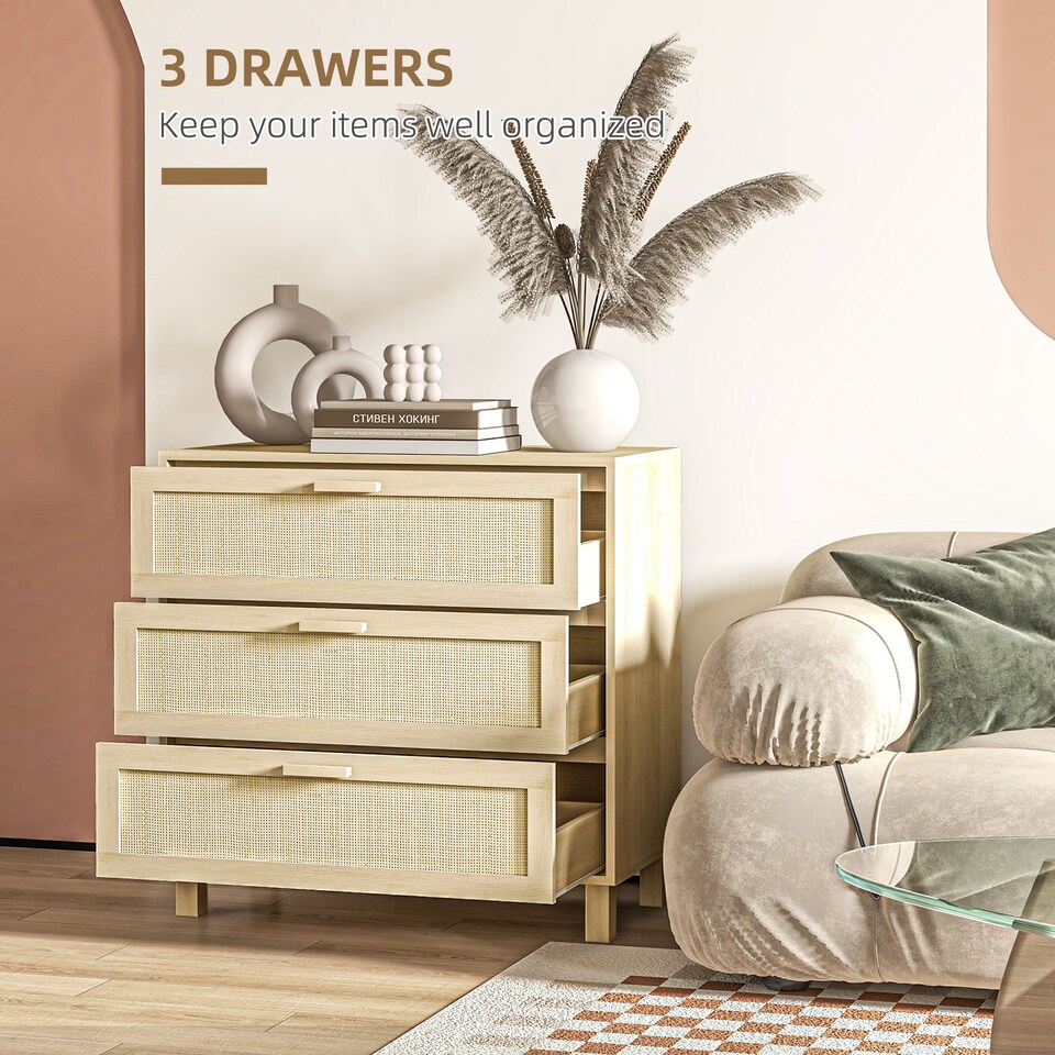 image 1 of HOMCOM Rattan Bedroom Chest of Drawers, 3 Drawers Storage Unit, Boho Dresser for Living Room, Hallway, Natural