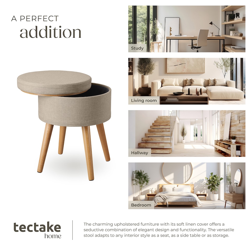 image 1 of Stool Yara - round, padded, with storage space, linen look | Cream | sand | 42,50 x 42,50 x 45,50 cm | 1