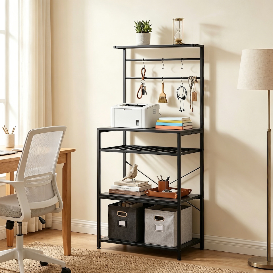 image 1 of HOMCOM Freestanding Shelving Unit with 6 Hooks and Wine Rack
