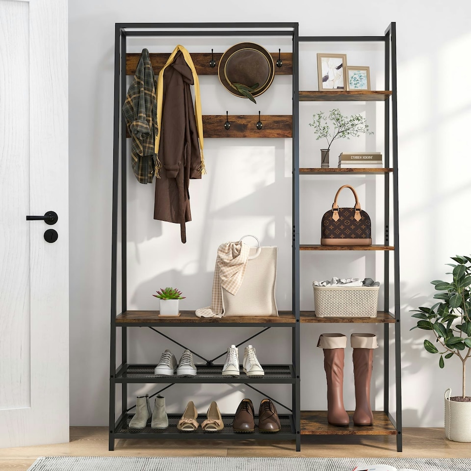 image 1 of COSTWAY 5-in-1 Entryway Bench Industrial Coat Rack with 9 Hooks Brown | One Size