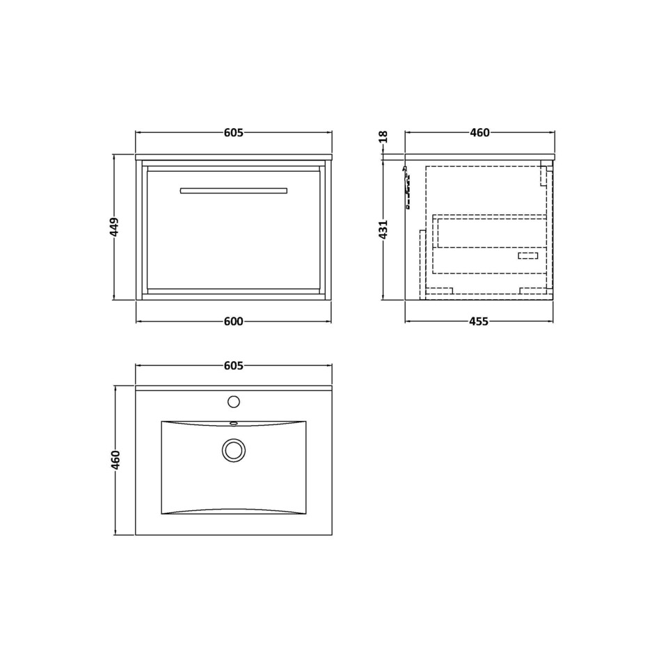 image 1 of Balterley Longnor 1 Drawer Wall Hung Vanity Unit with 1 Tap Hole Minimalist Basin, Woodgrain Graphite Grey, 600mm