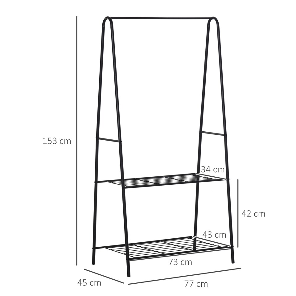 image 1 of HOMCOM Metal Clothes Rack Coat Garment Hanger Hallway Organiser Hanging Rail Stand 2-tier Shoe Shelving A Shaped 77L x 45W x 153H cm Black
