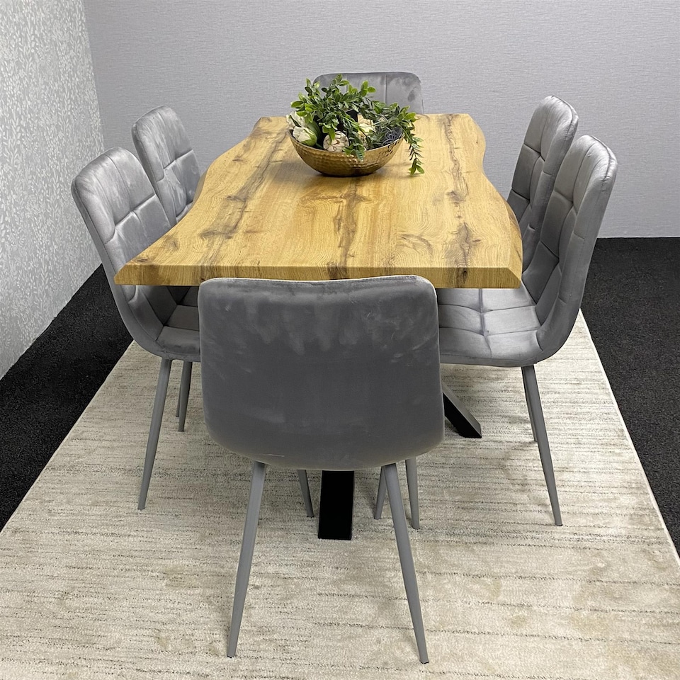 image 1 of Wooden Dining Table with 6 Grey Velvet Chairs, Stylish Dining Room Furniture