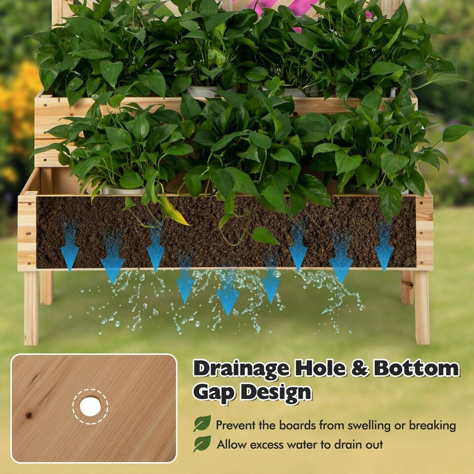 image 1 of COSTWAY Raised Garden Bed w/Trellis Elevated Planter Box Natural