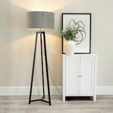 ValueLights Lottie Black Wood Tripod Floor Lamp with Grey Velvet Drum Shade