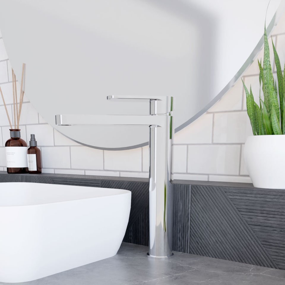 image 1 of Balterley Current Modern Round High Rise Mono Basin Mixer Tap with Flat Spout and Lever Handle | Silver | Chrome | 1