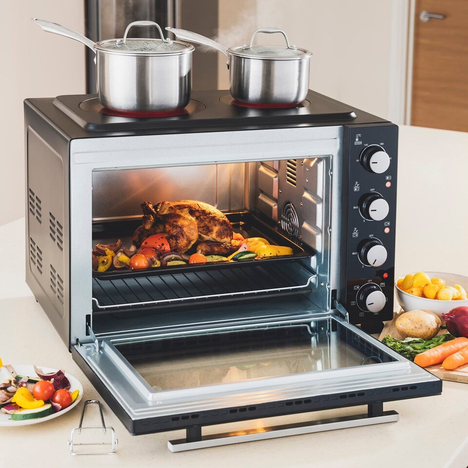image 1 of Cooks Professional 48L Mini Portable Oven with 2 Ceramic Hobs - Electric Portable Countertop Cooker | Black | Black & Silver