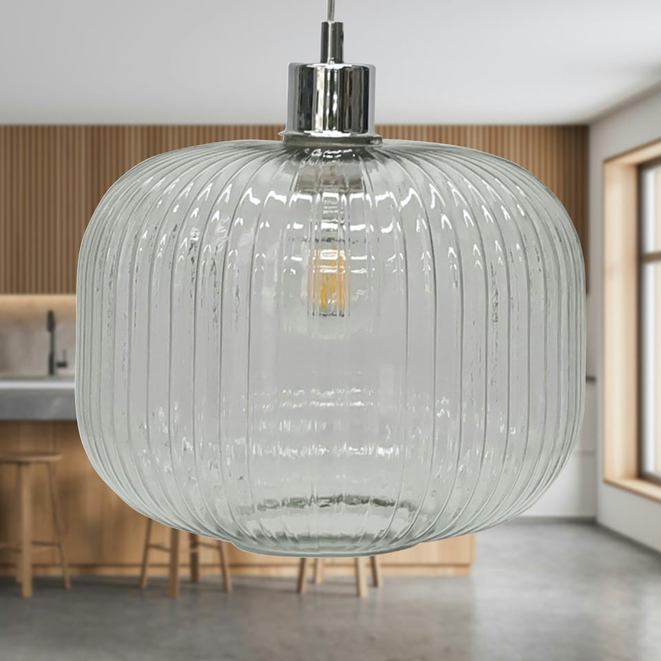 image 1 of First Choice Lighting Set of 2 Batley Large Clear Ribbed Glass Easy Fit Pendant Shades Clear