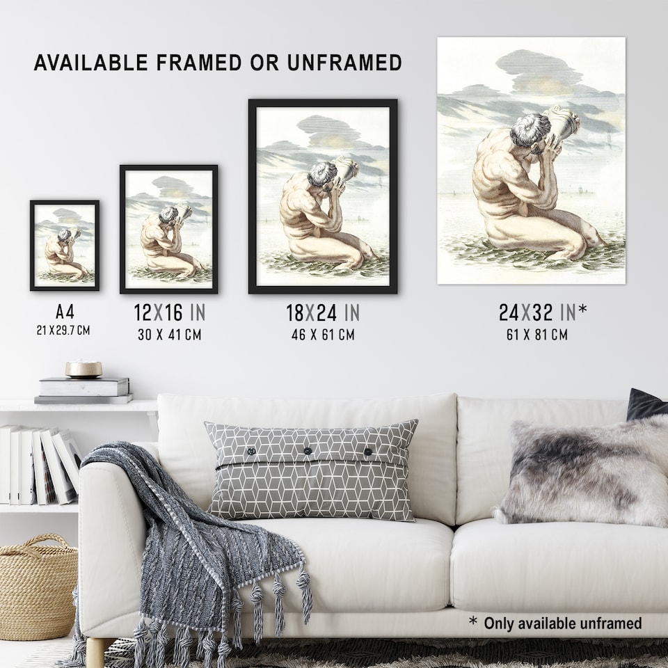 image 1 of Triton Blows On The Conch Shell Johan Teyler Huge Wall Art Print 18X24 In