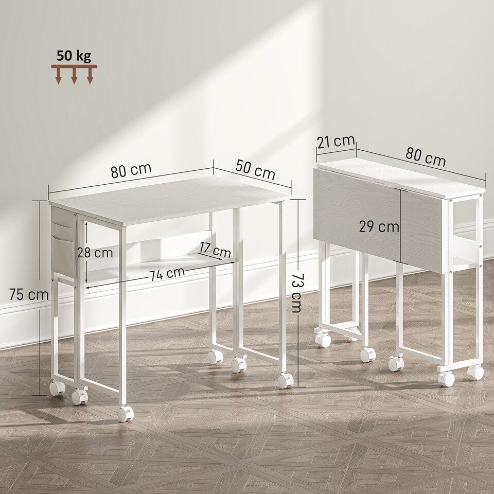 image 1 of HOMCOM 80 cm Foldable Computer Desk on Wheels for Small Spaces White