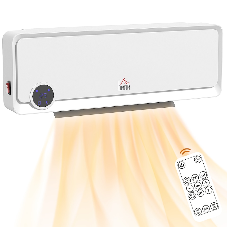 image 1 of HOMCOM Wall Downflow Heater 2 Heat and Fan 1000W2000W, Electric Space Heater with Timer Remote Oscillating, for Bedroom Home Office, White