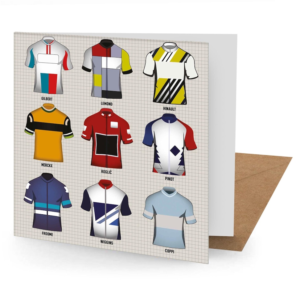 Vintage Cycling Jerseys Greetings Card Suitable for Birthdays, Thank You, Any Occasion, 15 x 15 cms, Multi-Coloured