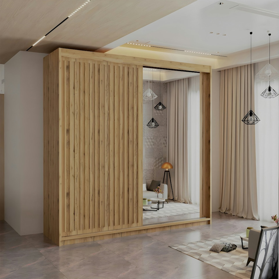 image 1 of Modern Vertical Panelled Sliding Wardrobe 150cm | White/Black/Grey/Oak 2-Door Bedroom Storage Brown | (Oak Strip) 150cm