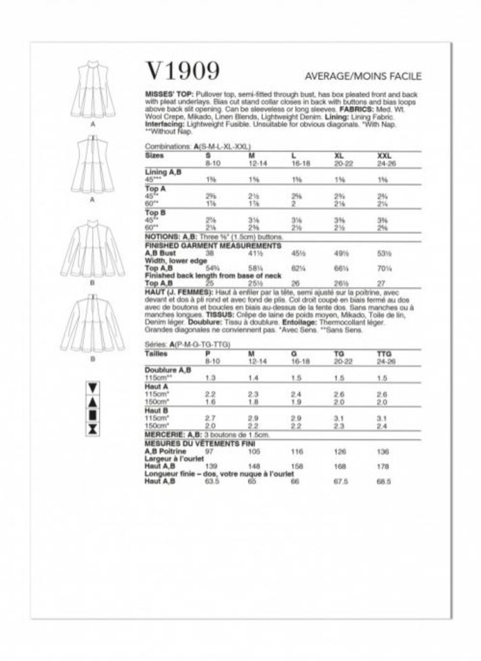 image 1 of Vogue 1909 Paper Sewing Pattern – Women’s Top, Size A (S–M–L–XL–XXL), Intermediate