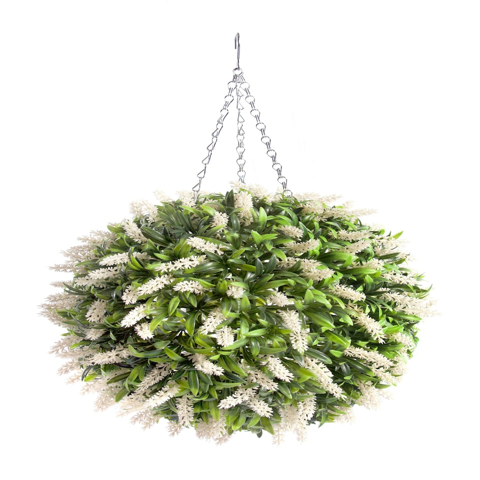 Best Artificial 38cm White Lush Lavender Hanging Basket Flower Topiary Ball - Suitable for Outdoor Use - Weather & Fade Resistant