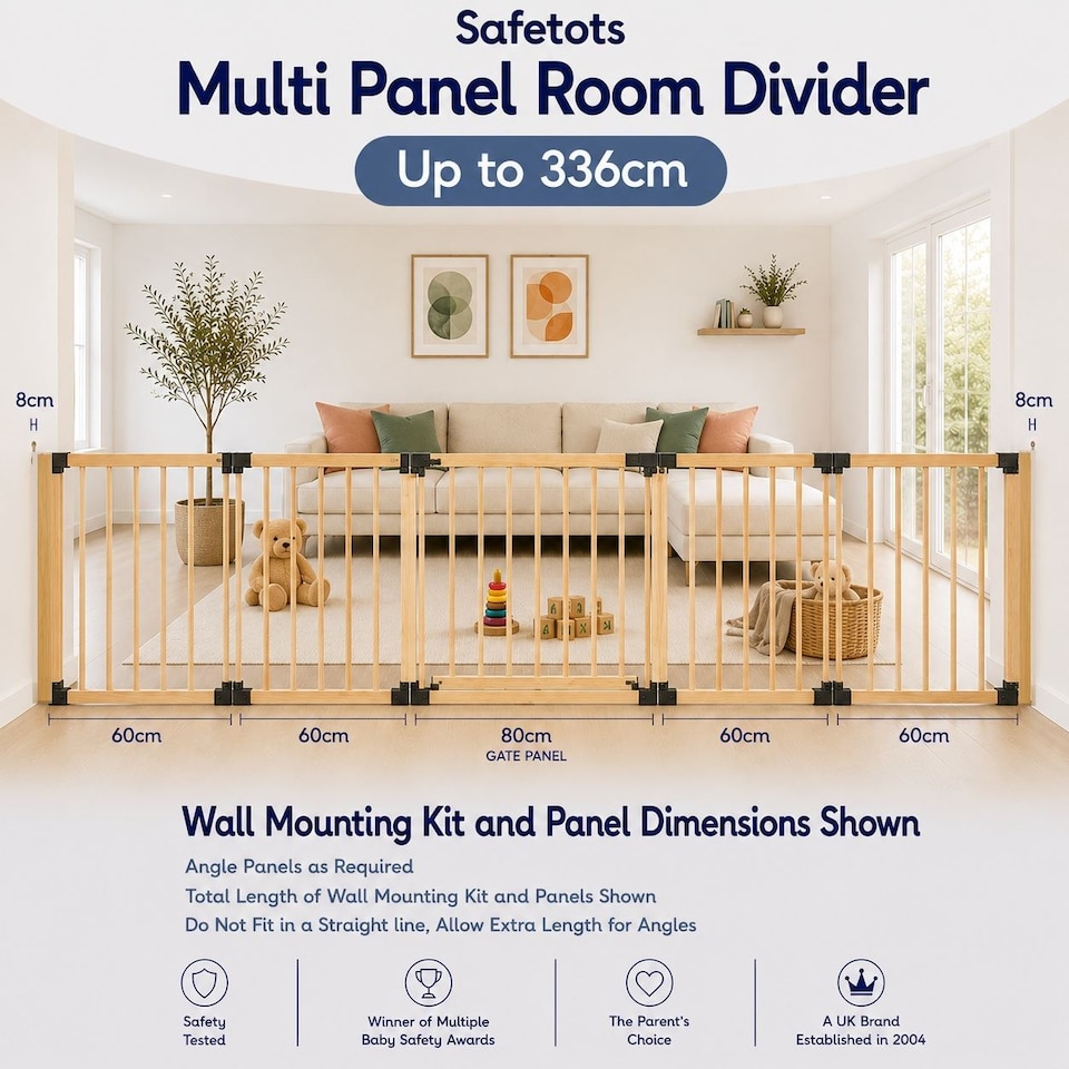 image 1 of Safetots Wooden Multi Panel Room Divider, up to 336cm, Natural Wood, 76cm Tall, Flexible Room Divider for Baby and Toddler | Cream | Natural