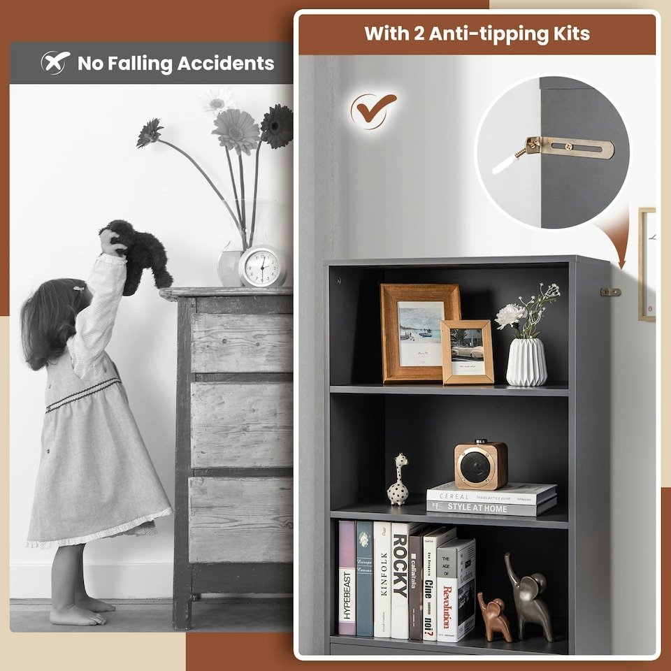 image 1 of COSTWAY 4-tier Storage Shelf Wood Bookcase Bookshelf Grey
