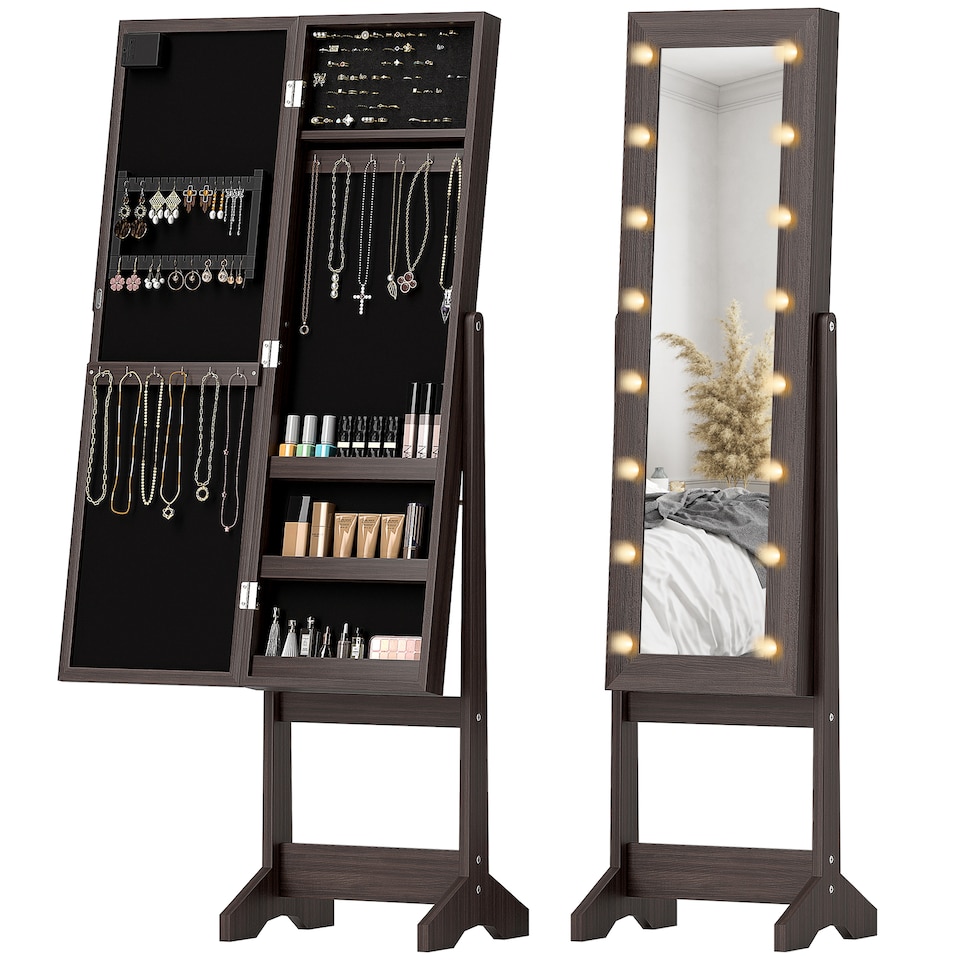 image 1 of HOMCOM Freestanding Mirror Jewelry Cabinet with LED Lights, Jewellery Organiser with 3 Angle Adjustable, Full-Length Mirror with Storage for Earrings, Necklaces, Rings and Lipsticks, Dark Brown | Brown | Dark Brown