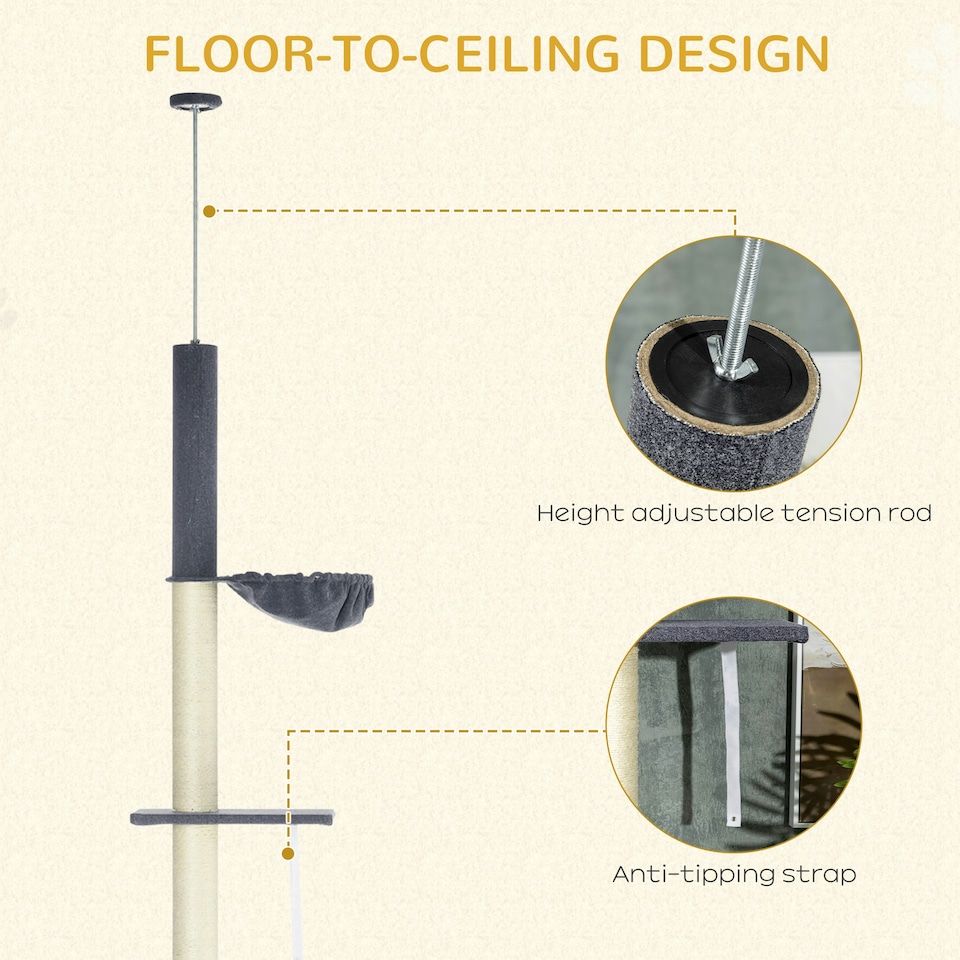 image 1 of PawHut 5 Tier Cat Climbing Tower, 240-270cm Height Adjustable, Dark Grey