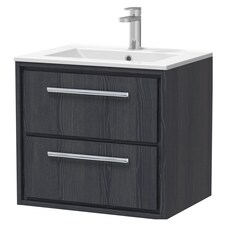 Balterley Longnor 2 Drawer Wall Hung Vanity Unit with 1 Tap Hole Minimalist Basin, Woodgrain Graphite Grey, 600mm