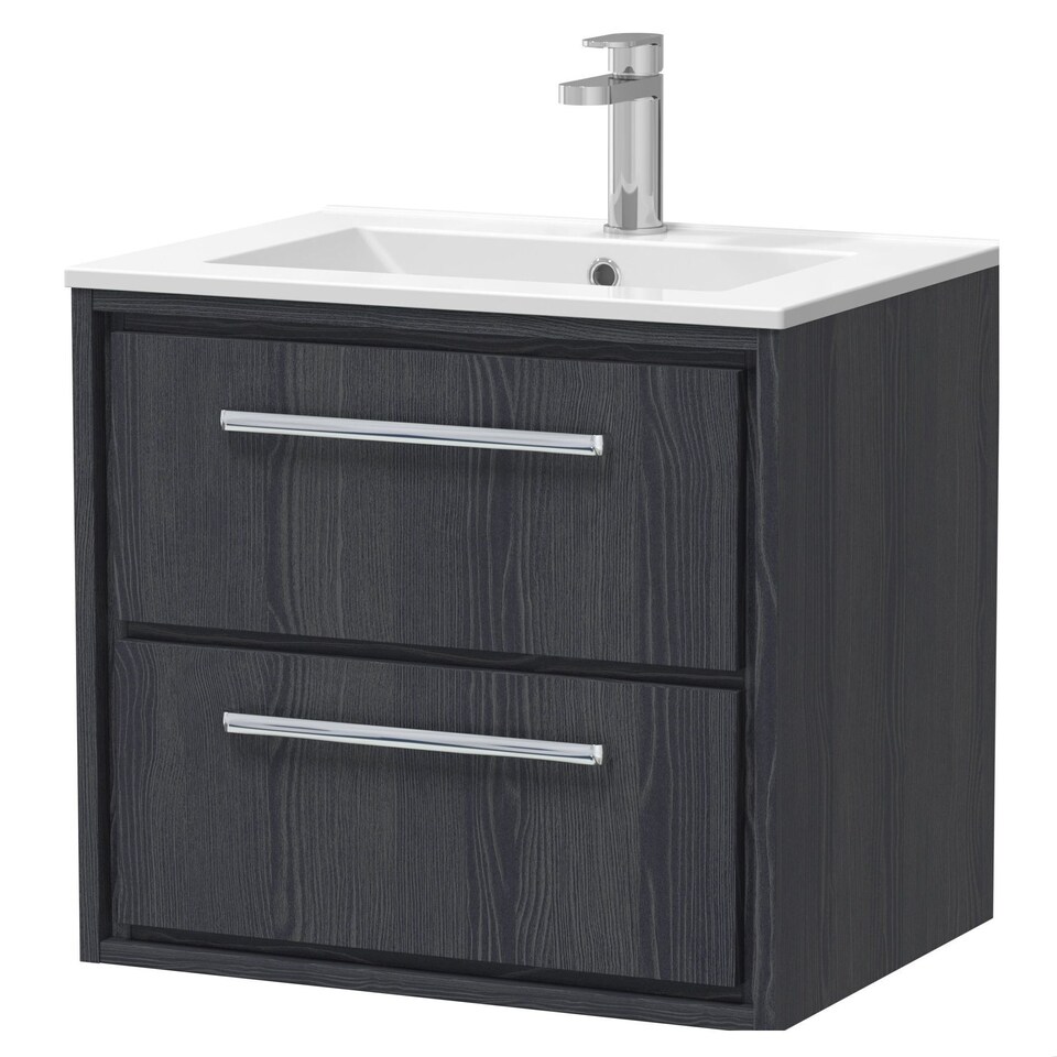 image 1 of Balterley Longnor 2 Drawer Wall Hung Vanity Unit with 1 Tap Hole Minimalist Basin, Woodgrain Graphite Grey, 600mm