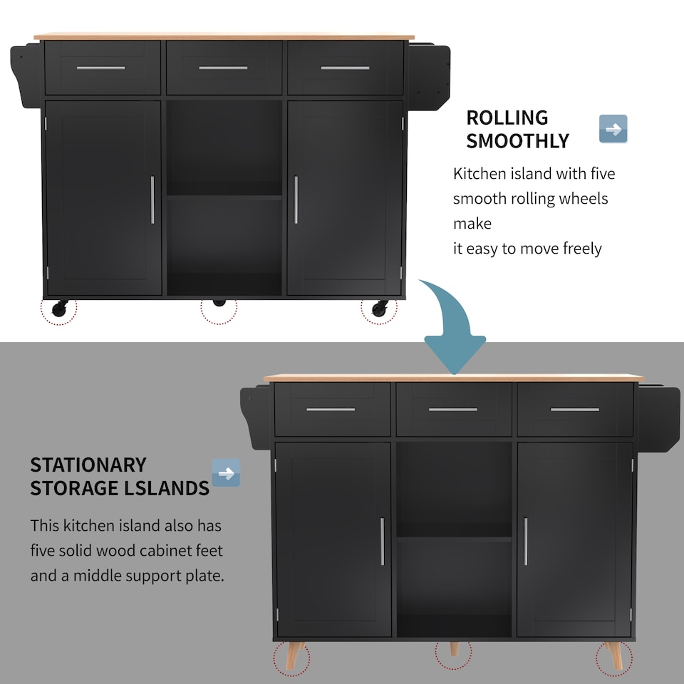 image 1 of VILUXE Mobile Kitchen Island with Foldable Marble-Effect Worktop, 3 Drawers, Adjustable Storage, Towel Holder, Wheels and Solid Wood Feet, Black and Natural Wood