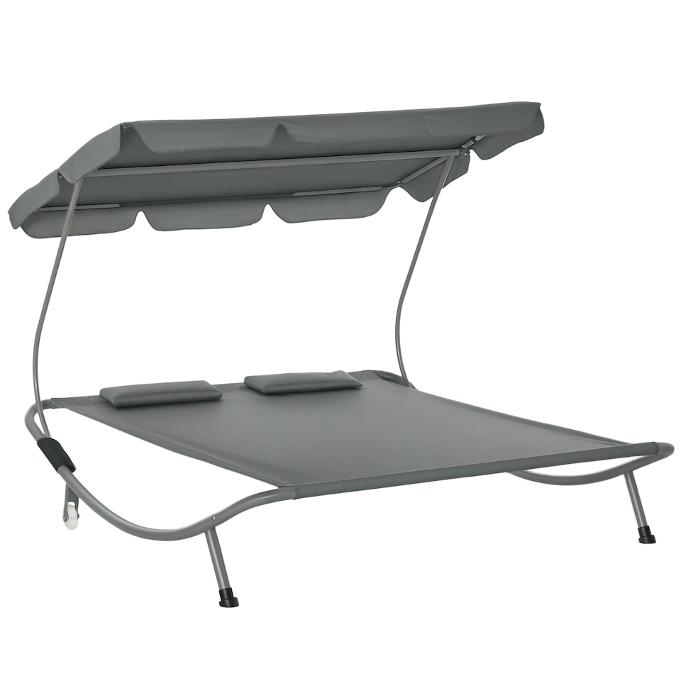 image 1 of Outsunny Garden Double Hammock Sun Lounger Day Bed Canopy W/ Stand & 2 Pillows