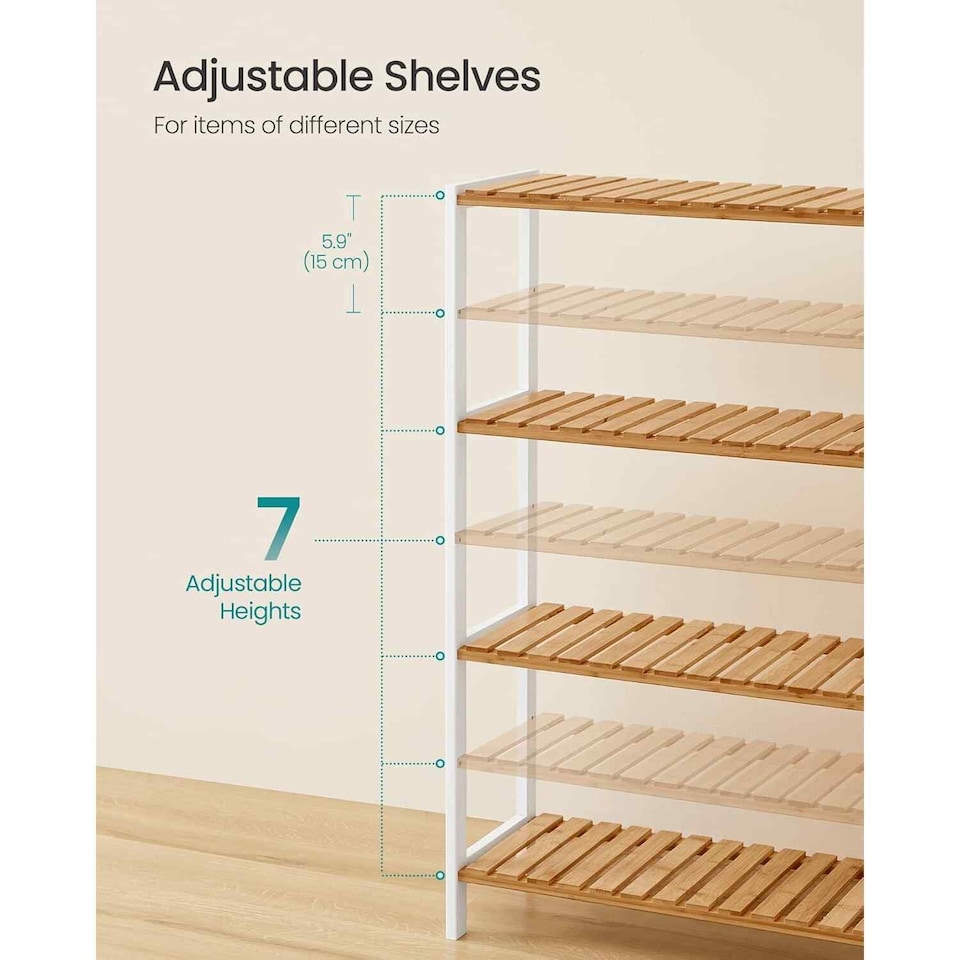 image 1 of 4 Tier Bamboo Storage Shelf, Freestanding Shelving Unit for Bathroom, Kitchen, Hallway or Living Room, White and Natural