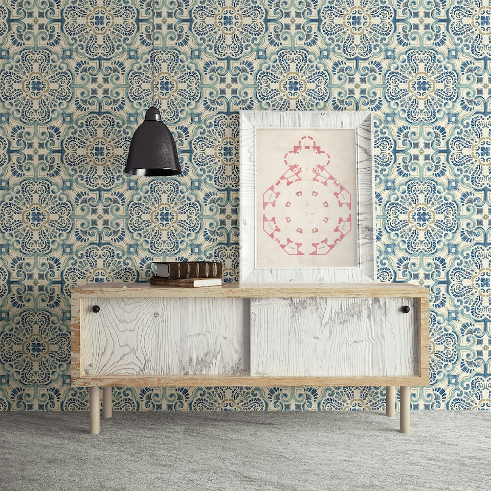 image 1 of A-Street Restored Florentine Tile Blue Wallpaper FD24046 Multi