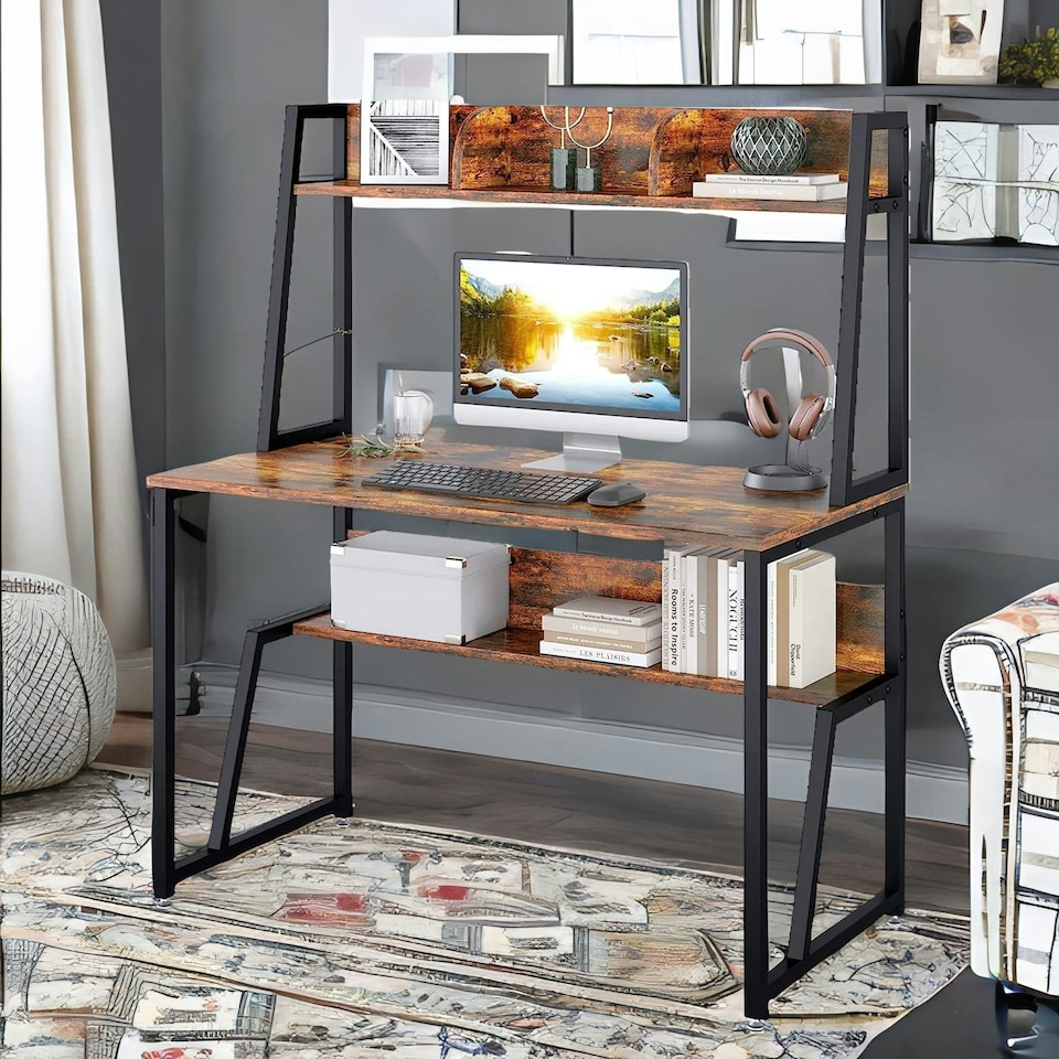 image 1 of 3 Tier Industrial Writing Desk Rustic Brown Brown