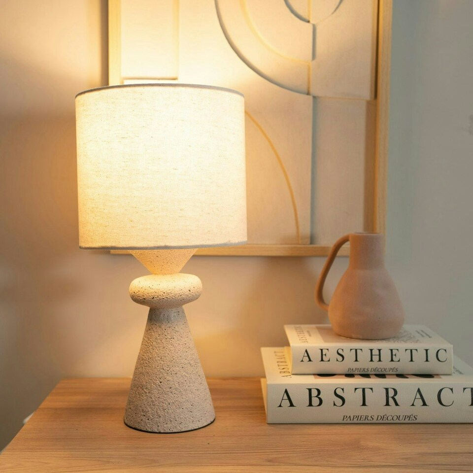 image 1 of ValueLights Cady Pair of Stone Effect Natural Table Lamps with Drum Shades and LED Bulbs Cream