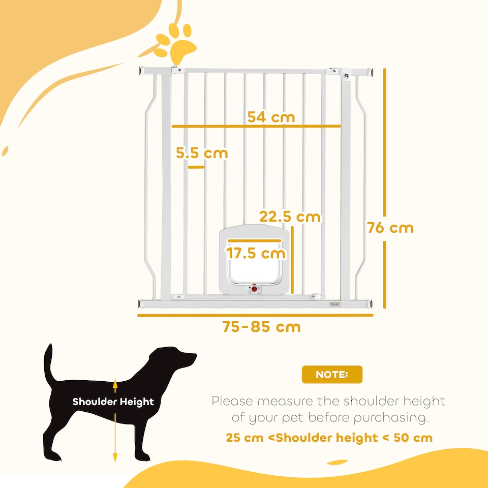 image 1 of PawHut Adjustable Pet Gate with Cat Door for Doorway 75-85 cm, White