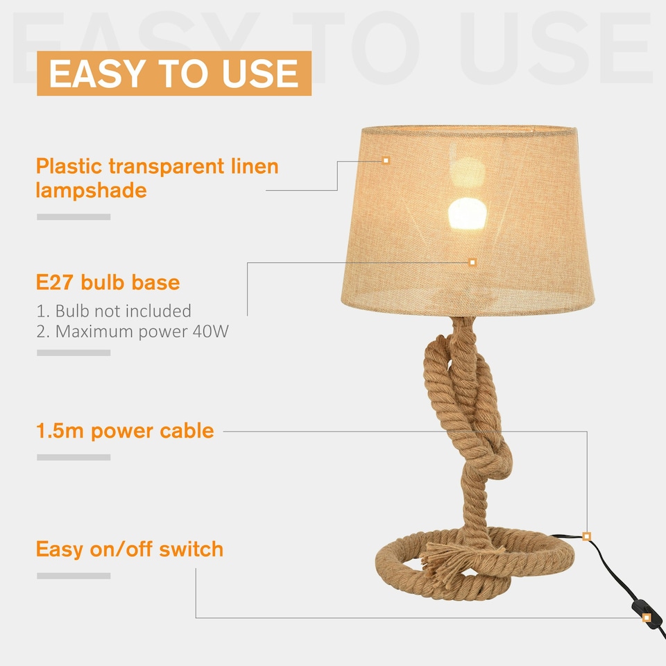 image 1 of HOMCOM Nautical Style Rope-Base Table Lamp w/ Fabric Lampshade Metal Frame Beige