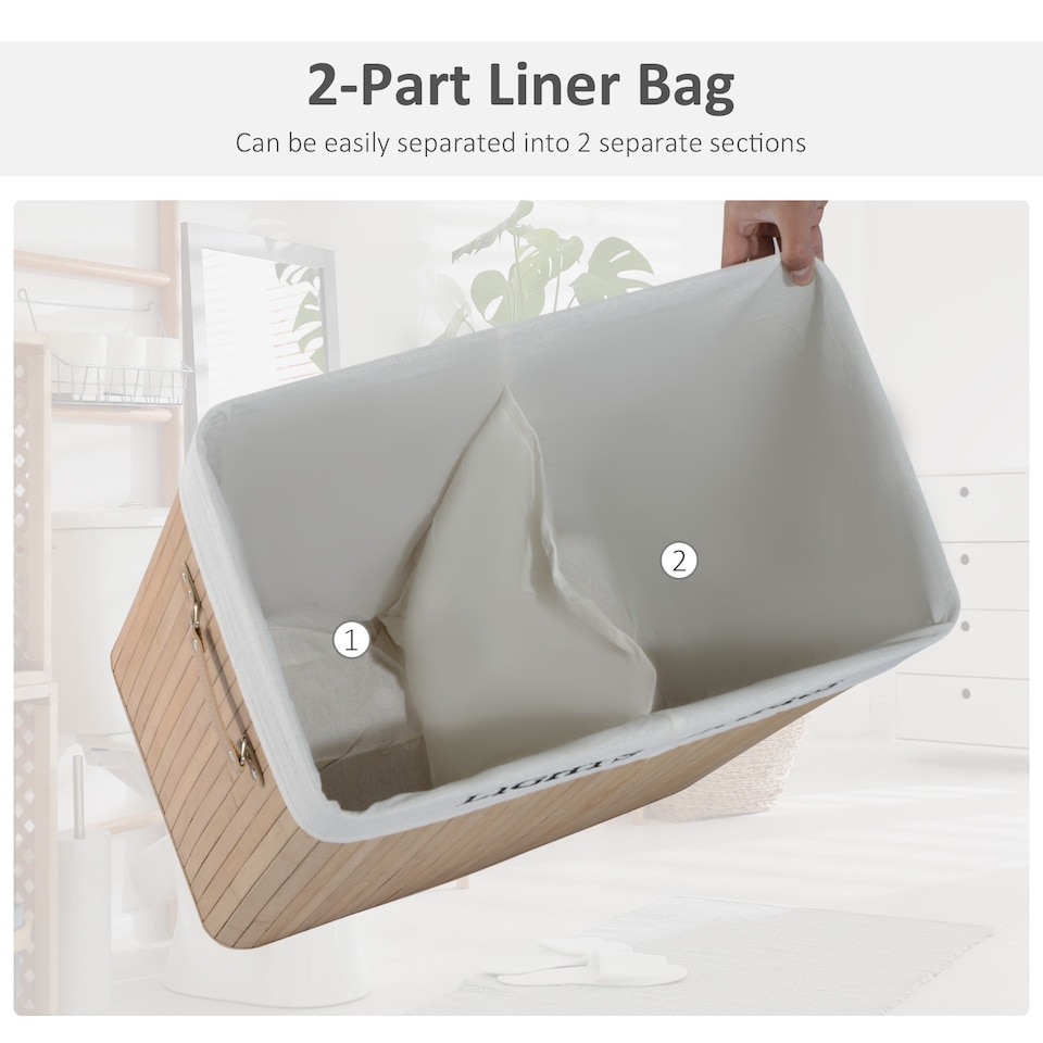 image 1 of HOMCOM 100L Laundry Hamper Large 100L Double Washing Clothes Basket Natural