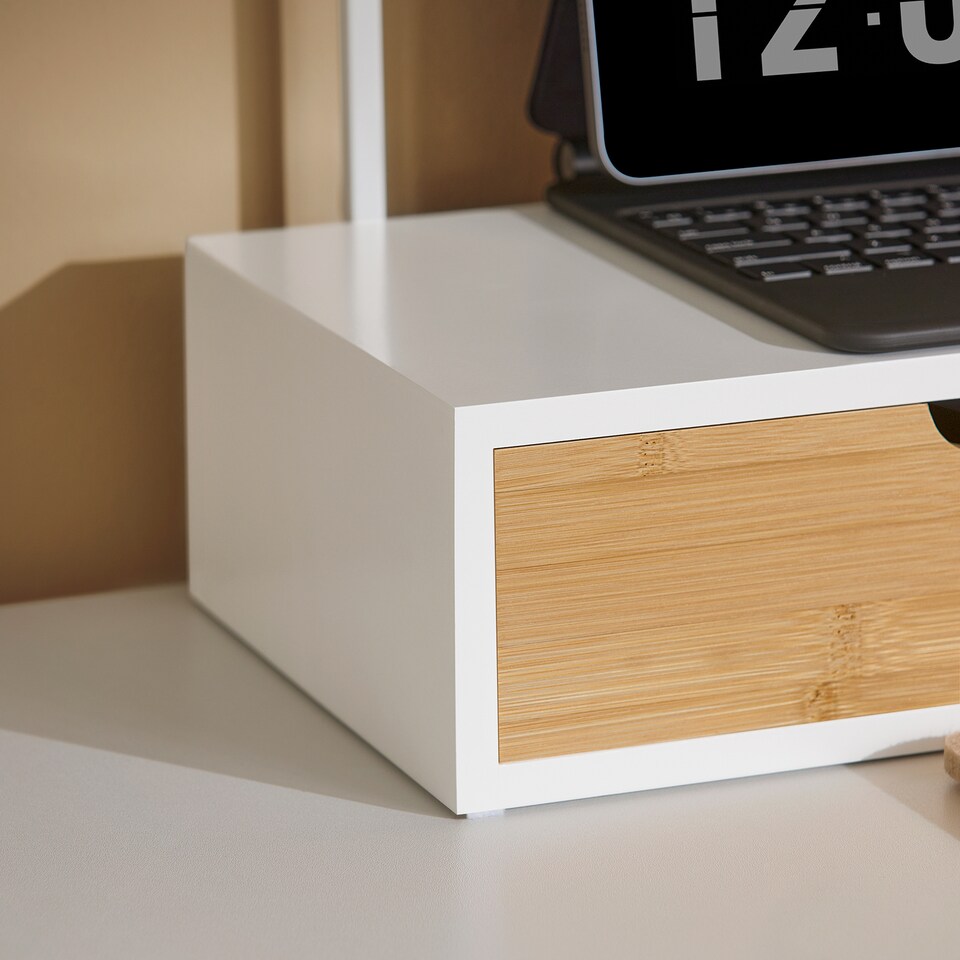 image 1 of SoBuy Monitor Stand with 3 Bamboo Drawers, White, 23.6x8.7x4.3 inches, 4.65 kg - BBF11-WN