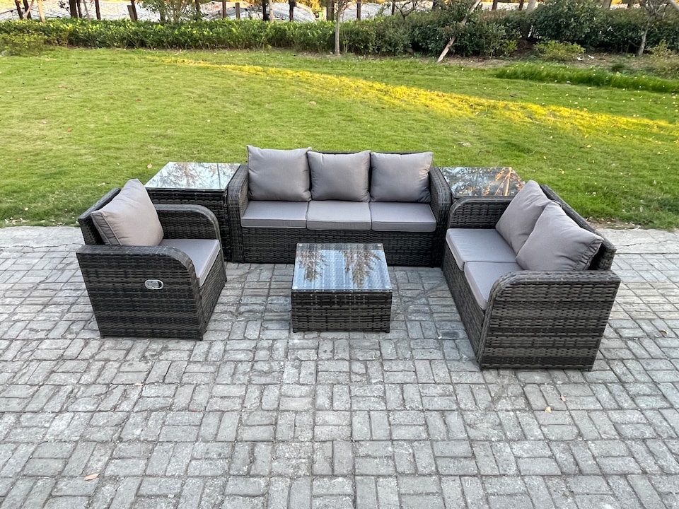 image 1 of Fimous Rattan Garden Furniture 6 Piece Patio Set With Table Sofa Square Coffee Table Reclining Chair Loveseat sofa 2 Side Tables