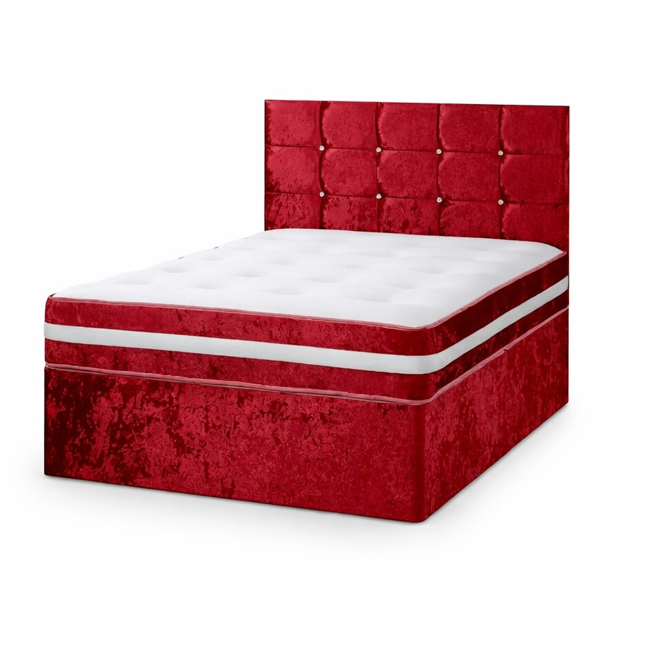 image 1 of 4ft Small Double Red Crushed Velvet Divan Bed Set Orthopaedic Mattress with Cube Headboard 2 Drawers One Each Side