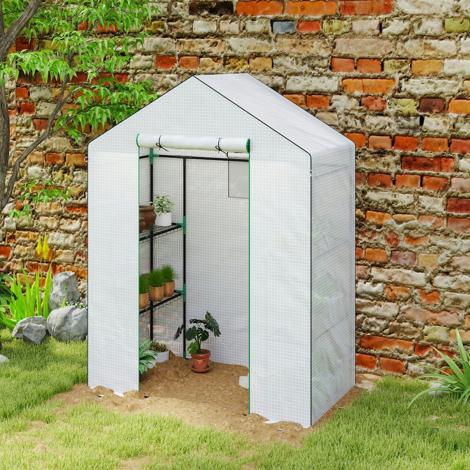 image 1 of Outsunny Walk-in Greenhouse with 4 Shelves, Outdoor Small Greenhouse, White