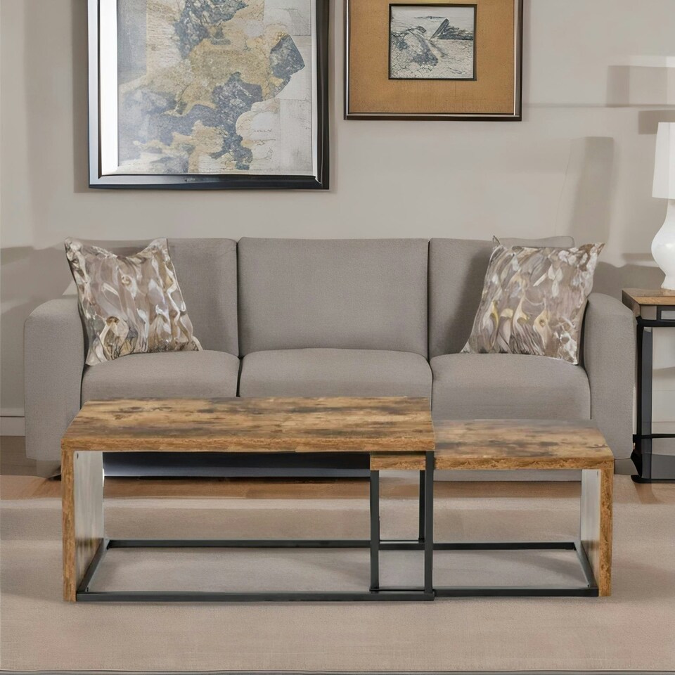 image 1 of Set Of 2 Nesting Tables Industrial Rustic Brown Brown