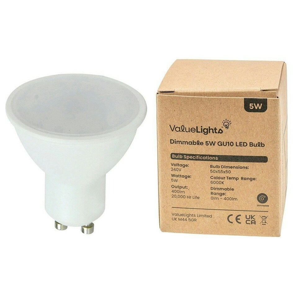 image 1 of ValueLights 20 Pack GU10 White Plastic Spotlight LED 5W Warm White 3000K 450lm Light Bulb