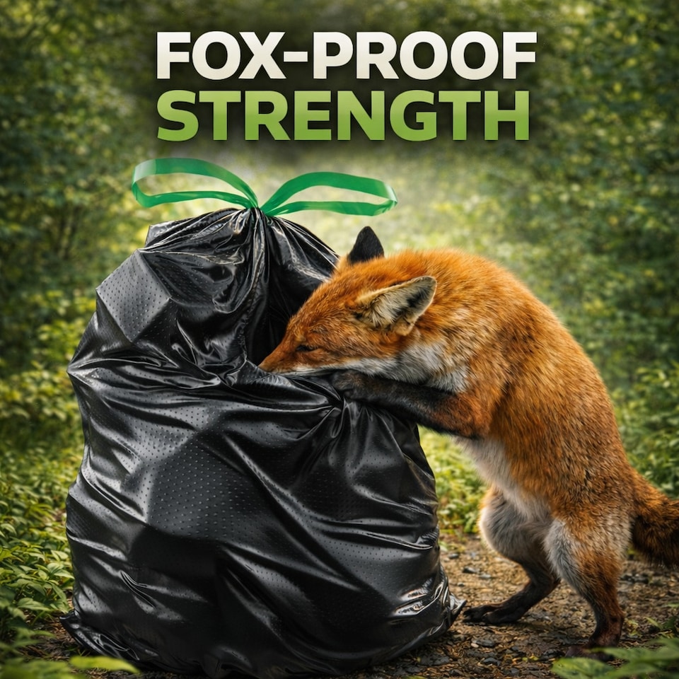 image 1 of Hero Drawstring Black Bin Bags 75–85L – Roll of 12 Heavy Duty Fox Proof Refuse Sacks, Strong Stretchy Tear Resistant Recycled Garbage Bags | Black | Black | 75-85L | 12