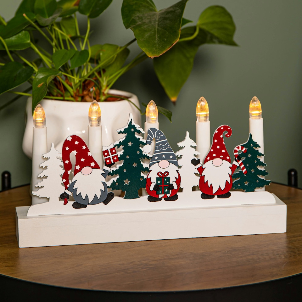 image 1 of 28cm Battery Operated Light up White Wooden Christmas Candle Bridge with Gonk Scene and 5 LEDs