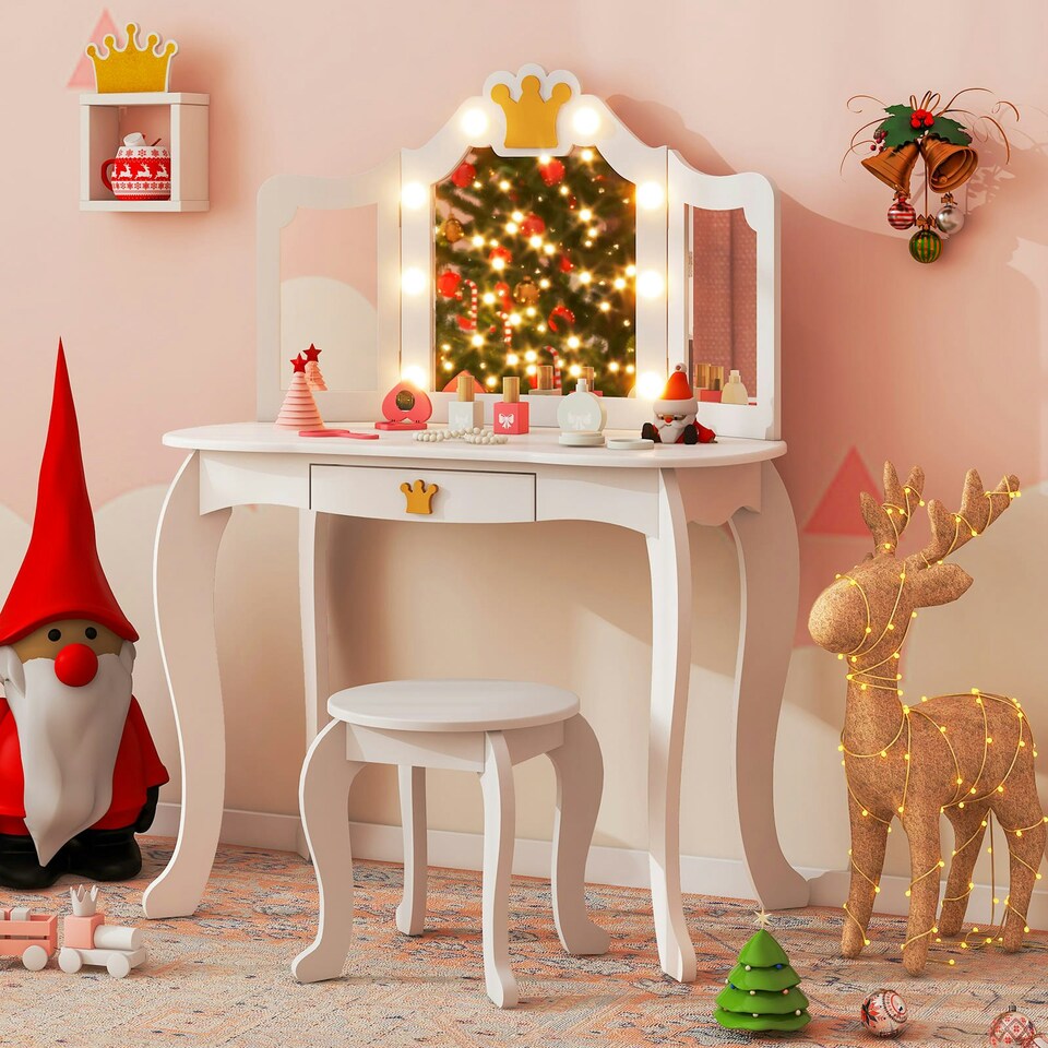 image 1 of COSTWAY Kids Vanity Princess Vanity Table & Chair Set White