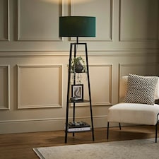 ValueLights Hiru Black 3 Tier Shelf Floor Lamp with Green Shade Green