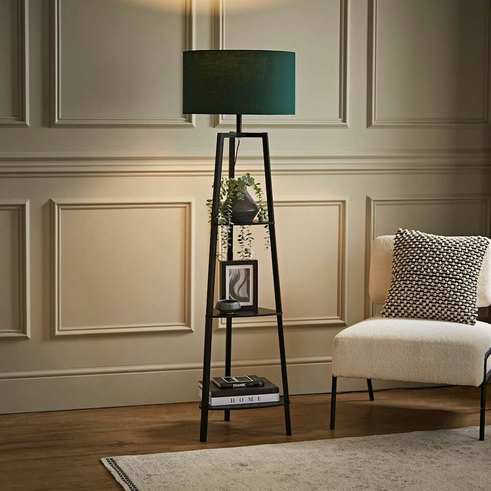 image 1 of ValueLights Hiru Black 3 Tier Shelf Floor Lamp with Green Shade Green
