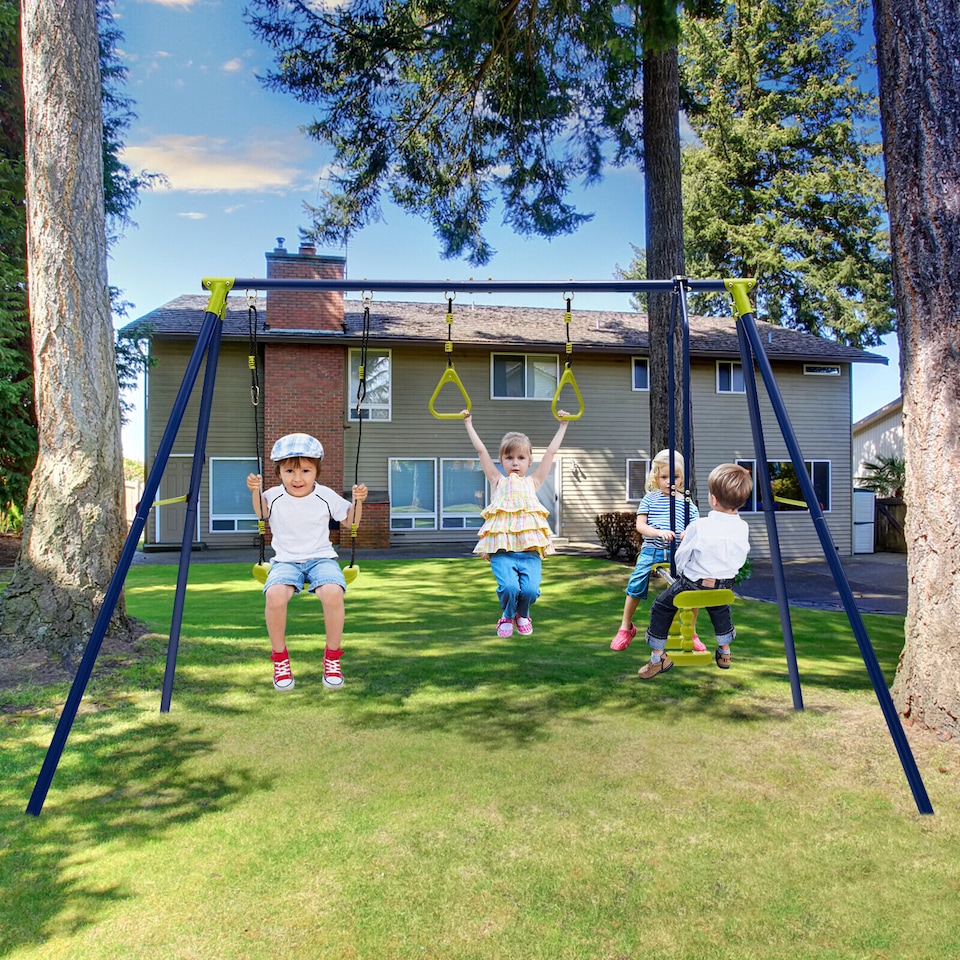 image 1 of COSTWAY 3-in-1 Swing Set A-Frame Swing Set Multifunctional Activity Playset for Backyard