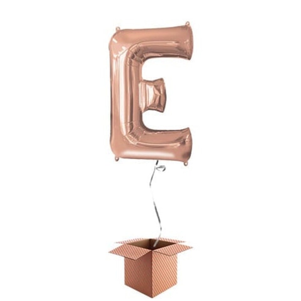 Rose Gold Letter E Helium Foil Giant Balloon - Inflated Balloon in a Box