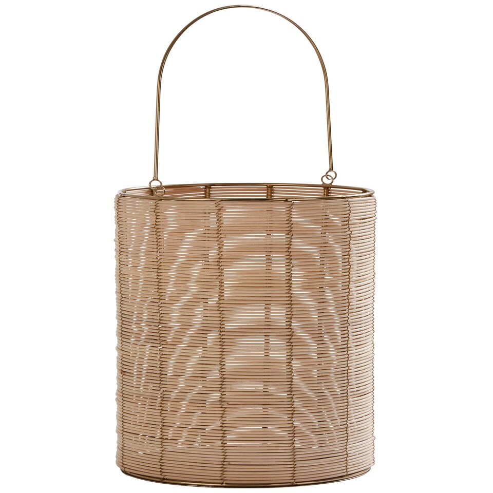 image 1 of Interiors by Premier Hurricane Candle Holder, Eco-Friendly Rattan and Iron Frame Candle Holder, Rustic Design with Sleek Handle Cream