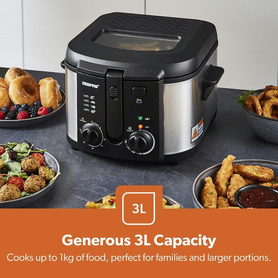 image 1 of GEEPAS Deep Fat Fryer - 3L Stainless Steel Fryer with Viewing Window